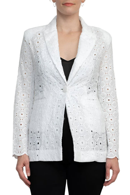 Industry Lapel Collar Long Sleeve One Button Closure Eyelet Lace Blazer-0