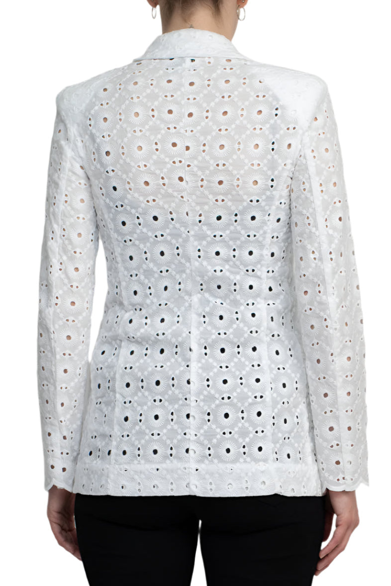 Industry Lapel Collar Long Sleeve One Button Closure Eyelet Lace Blazer-2