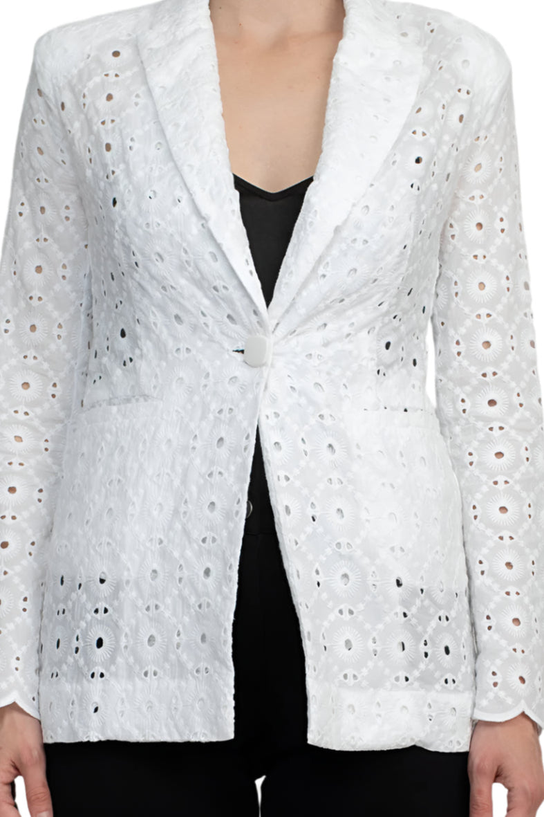 Industry Lapel Collar Long Sleeve One Button Closure Eyelet Lace Blazer-3