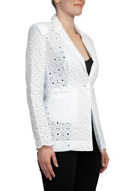 Industry Lapel Collar Long Sleeve One Button Closure Eyelet Lace Blazer-1