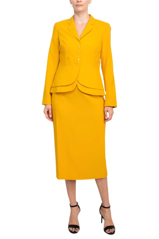 Emily Notched Collar 5 Button Closure Long Sleeve Tiered Hem Crepe Jacket with Zipper Back Slit Back Skirt-0