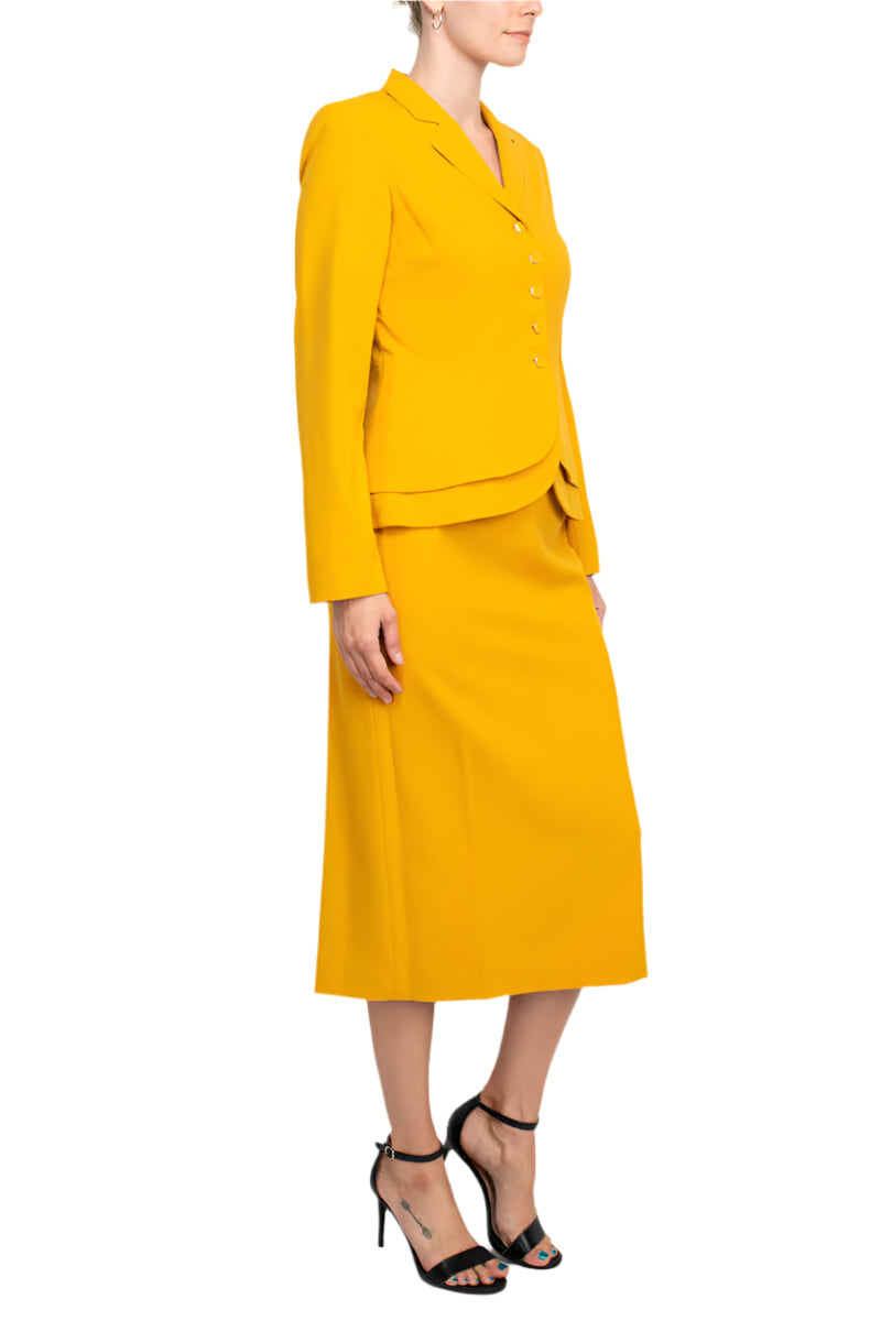 Emily Notched Collar 5 Button Closure Long Sleeve Tiered Hem Crepe Jacket with Zipper Back Slit Back Skirt-3
