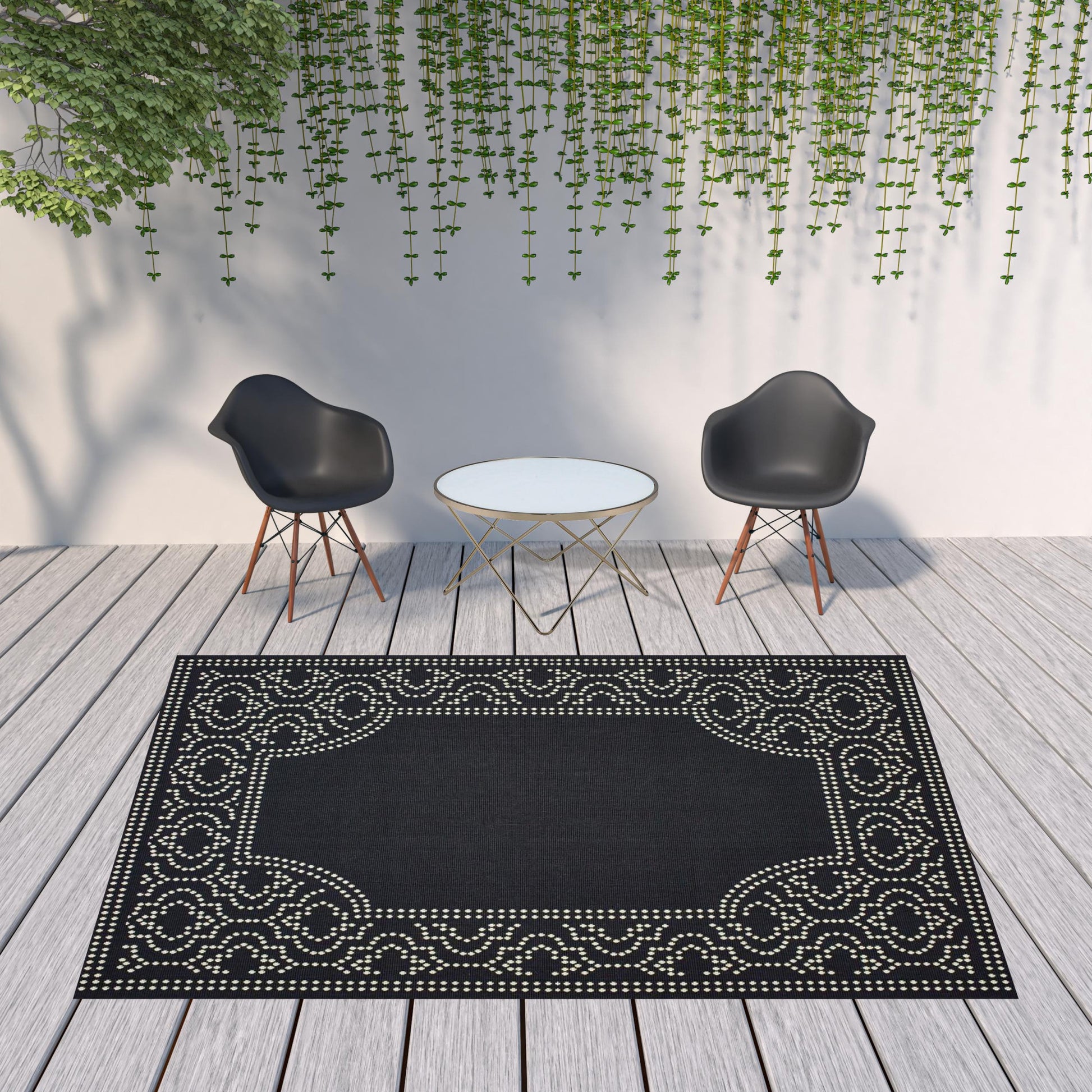 8' X 11' Black and Ivory Stain Resistant Indoor Outdoor Area Rug-1