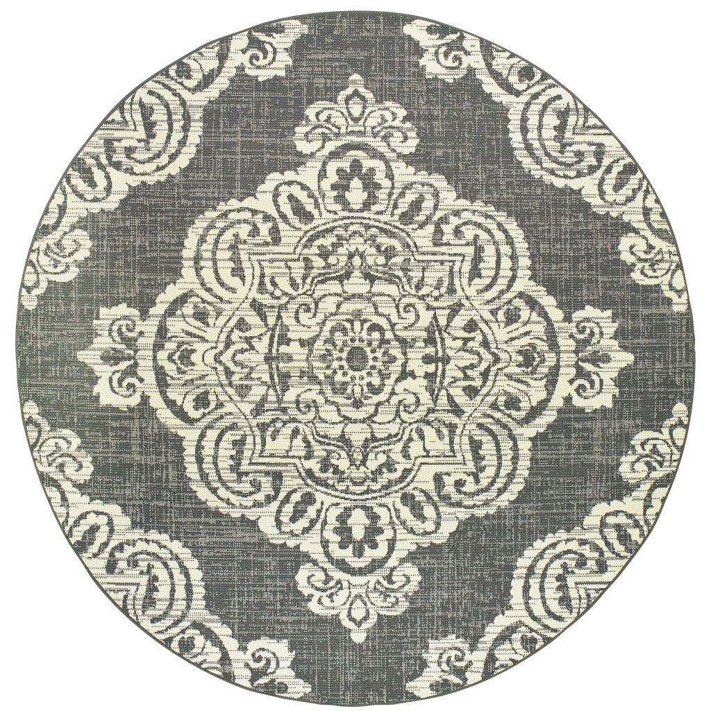 8' X 8' Gray and Ivory Round Oriental Stain Resistant Indoor Outdoor Area Rug-0