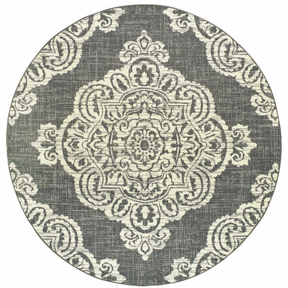 8' X 8' Gray and Ivory Round Oriental Stain Resistant Indoor Outdoor Area Rug-0