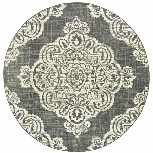 8' X 8' Gray and Ivory Round Oriental Stain Resistant Indoor Outdoor Area Rug-0