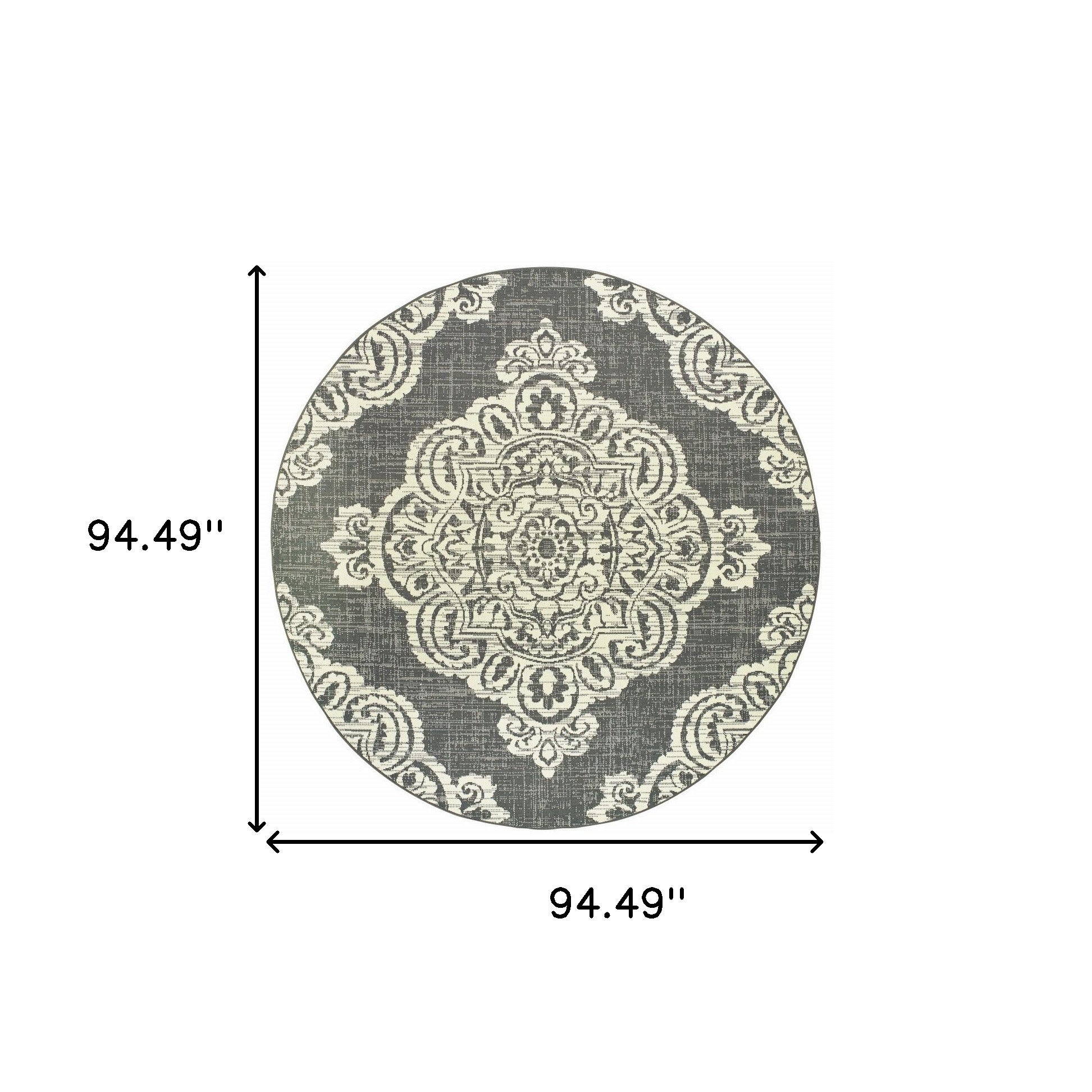 8' X 8' Gray and Ivory Round Oriental Stain Resistant Indoor Outdoor Area Rug-4