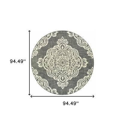 8' X 8' Gray and Ivory Round Oriental Stain Resistant Indoor Outdoor Area Rug-4