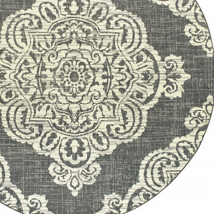 8' X 8' Gray and Ivory Round Oriental Stain Resistant Indoor Outdoor Area Rug-2
