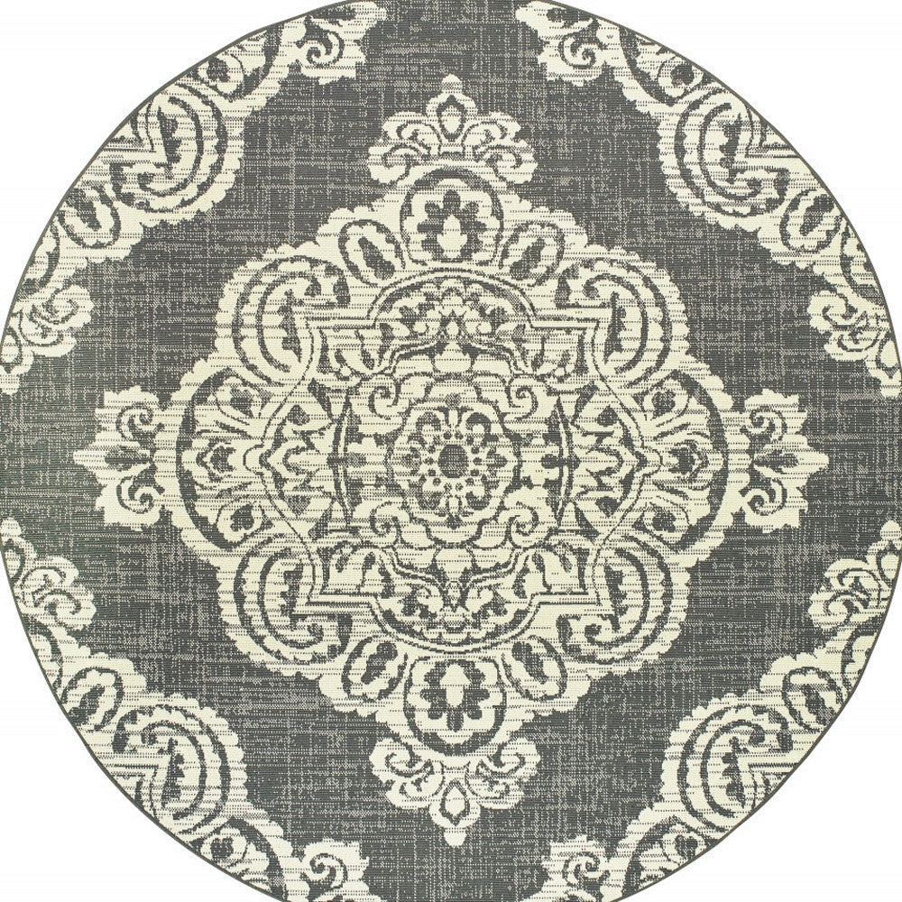 8' X 8' Gray and Ivory Round Oriental Stain Resistant Indoor Outdoor Area Rug-3