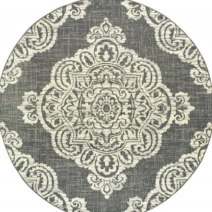 8' X 8' Gray and Ivory Round Oriental Stain Resistant Indoor Outdoor Area Rug-3