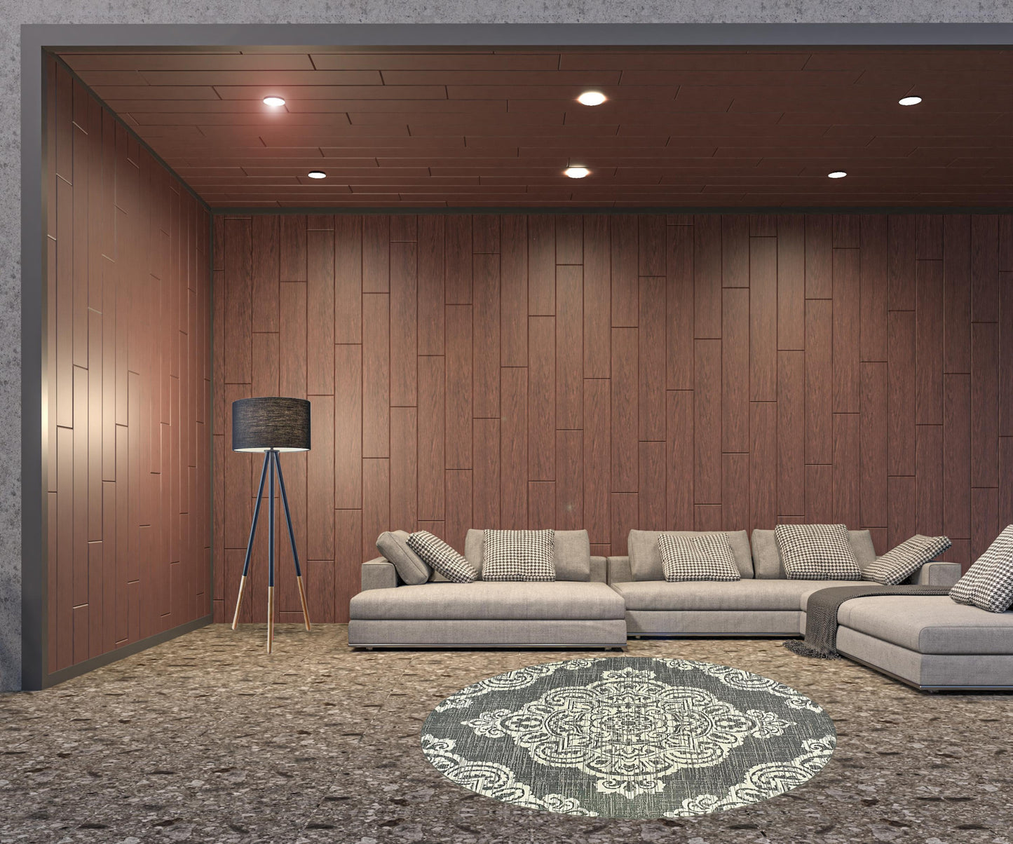 8' X 8' Gray and Ivory Round Oriental Stain Resistant Indoor Outdoor Area Rug-1