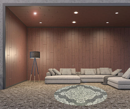 8' X 8' Gray and Ivory Round Oriental Stain Resistant Indoor Outdoor Area Rug-1