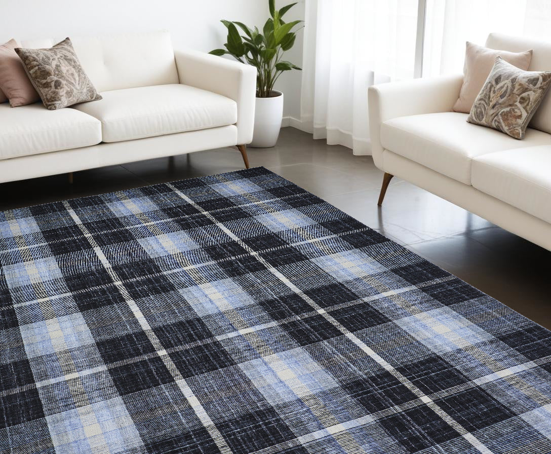 8' X 10' Black Blue And White Abstract Hand Woven Stain Resistant Area Rug-0