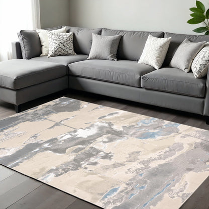12' X 18' Gray Ivory And Blue Abstract Area Rug-0