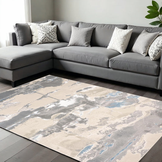 12' X 18' Gray Ivory And Blue Abstract Area Rug-0