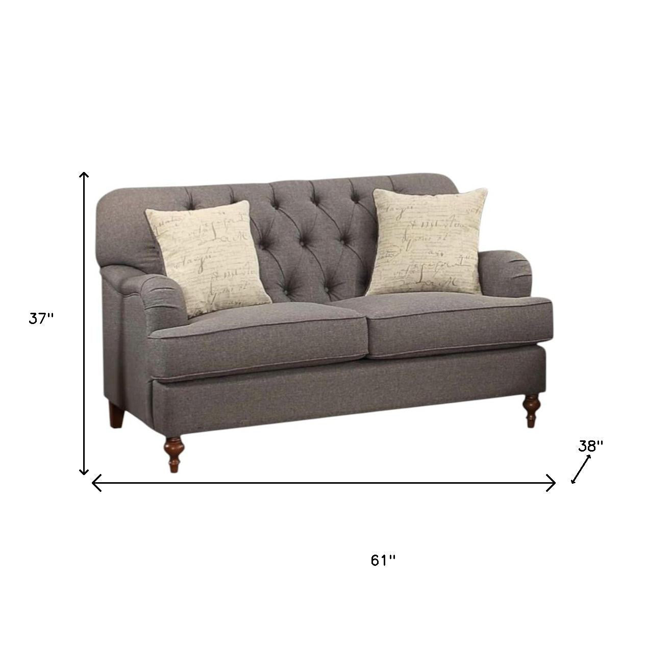 61" Dark Gray And Brown Linen Curved Loveseat and Toss Pillows-4