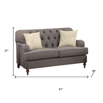 61" Dark Gray And Brown Linen Curved Loveseat and Toss Pillows-4