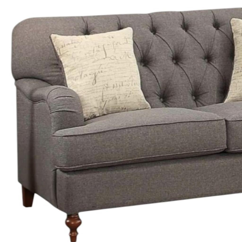 61" Dark Gray And Brown Linen Curved Loveseat and Toss Pillows-3