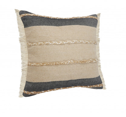 24" Black And Tan Striped Cotton And Jute Throw Pillow With Fringe-3