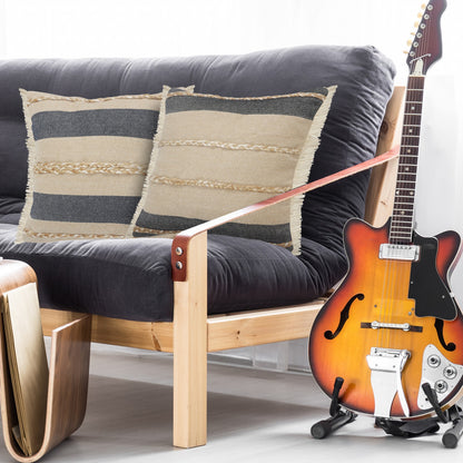 24" Black And Tan Striped Cotton And Jute Throw Pillow With Fringe-8