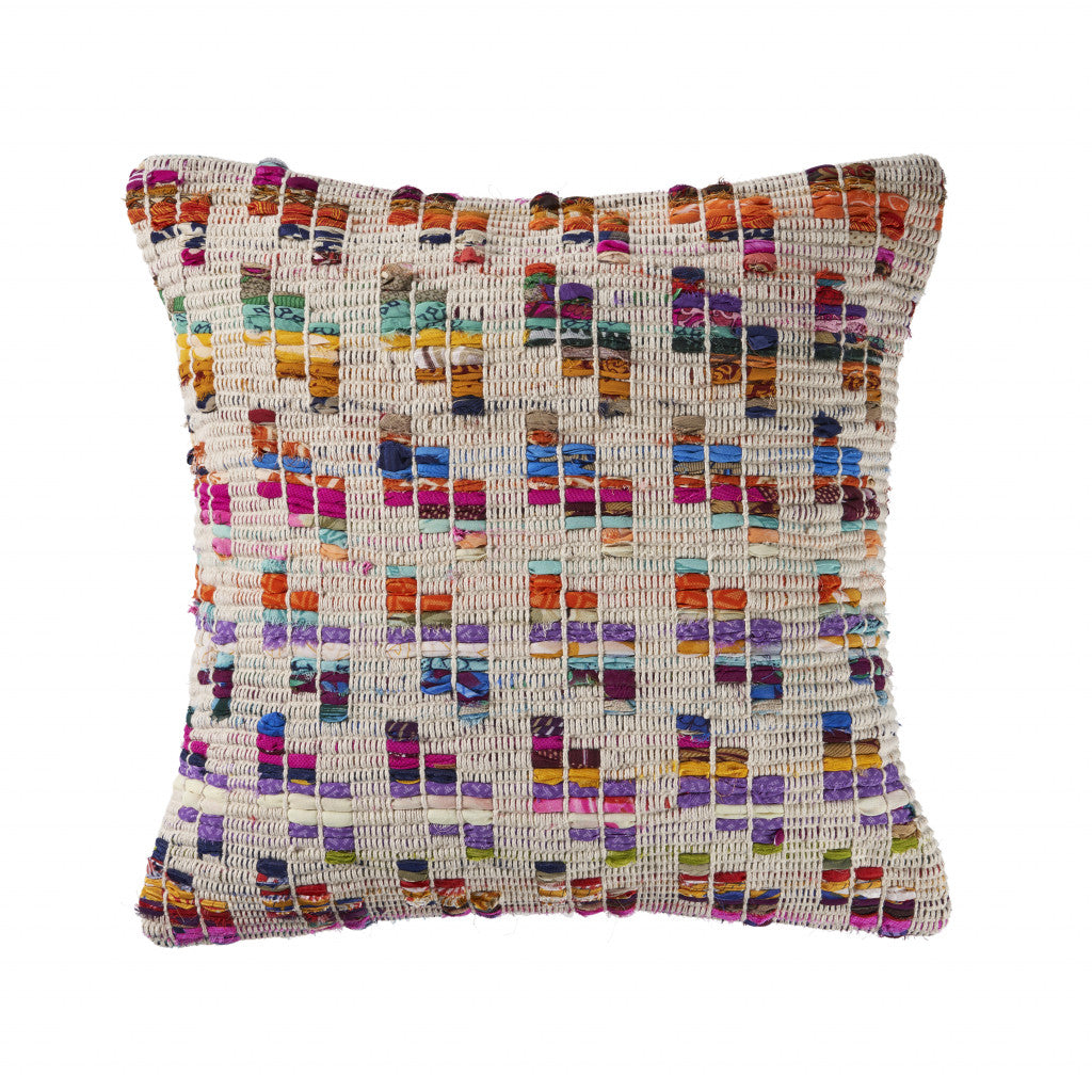 20" X 20" Beige Red Green Blue Yellow Orange And Pink 100% Cotton Geometric Zippered Pillow-0