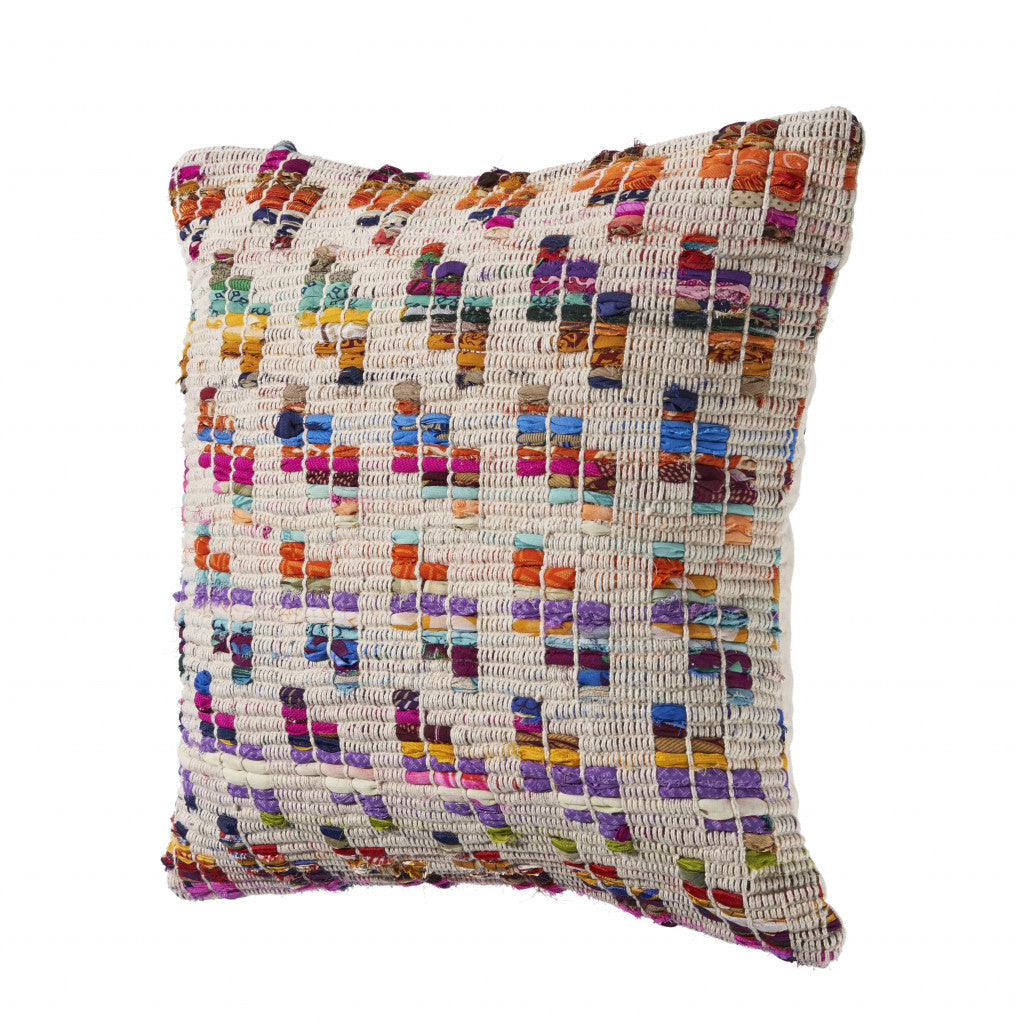 20" X 20" Beige Red Green Blue Yellow Orange And Pink 100% Cotton Geometric Zippered Pillow-3