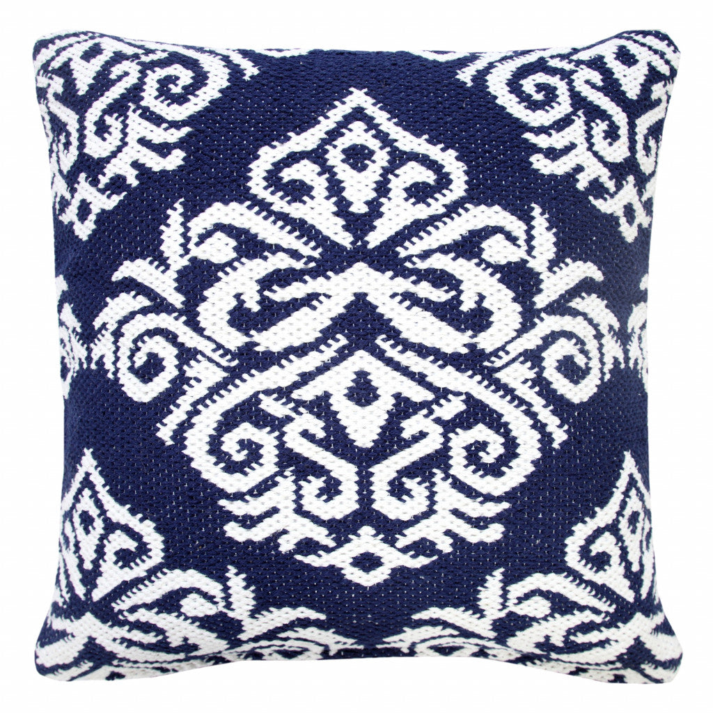 20" X 20" Blue And White 100% Cotton Damask Zippered Pillow-0