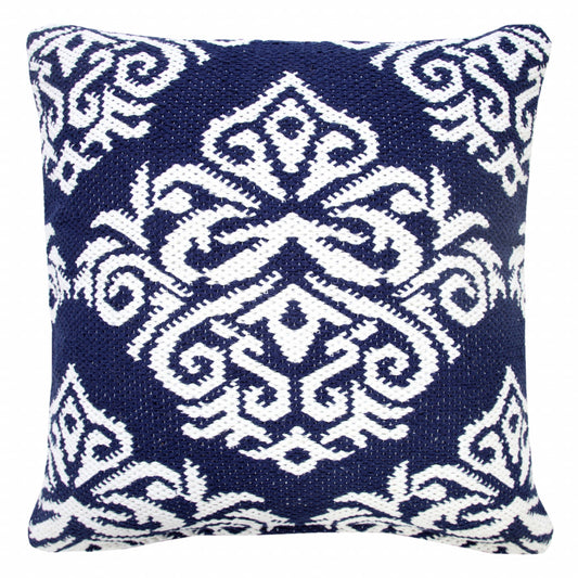 20" X 20" Blue And White 100% Cotton Damask Zippered Pillow-0