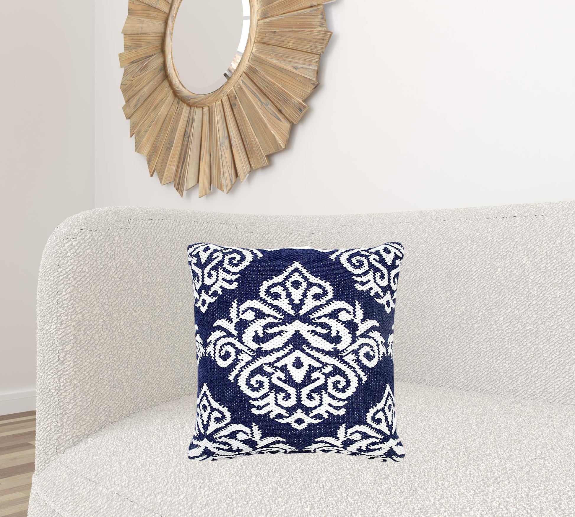 20" X 20" Blue And White 100% Cotton Damask Zippered Pillow-5