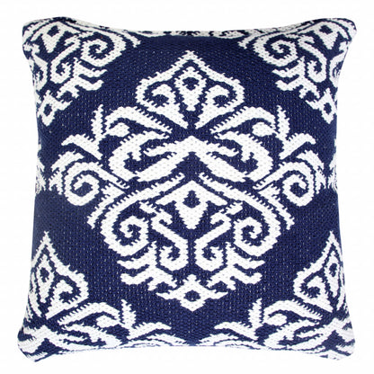 20" X 20" Blue And White 100% Cotton Damask Zippered Pillow-4