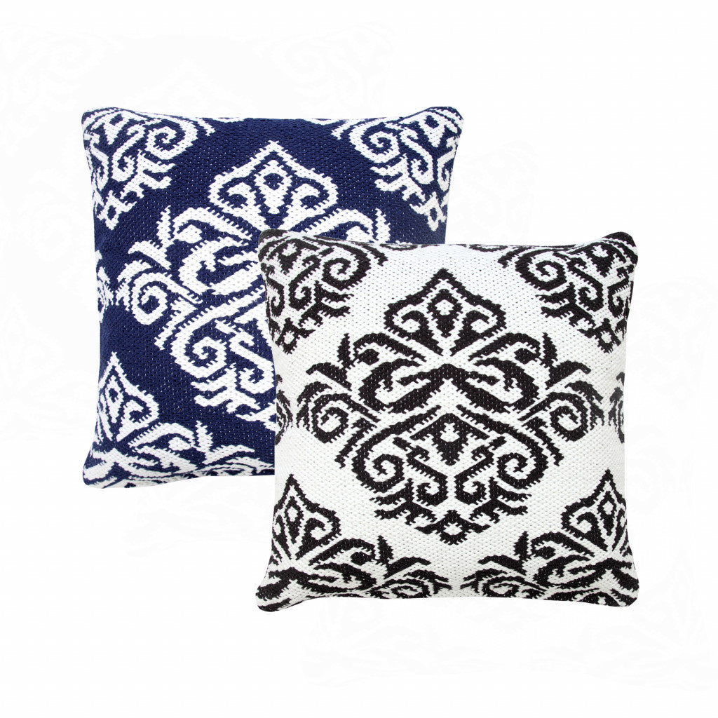 20" X 20" Blue And White 100% Cotton Damask Zippered Pillow-6
