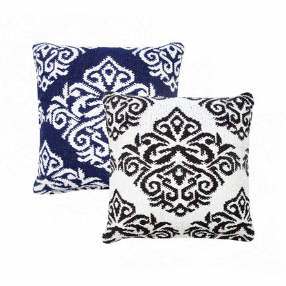 20" X 20" Blue And White 100% Cotton Damask Zippered Pillow-6