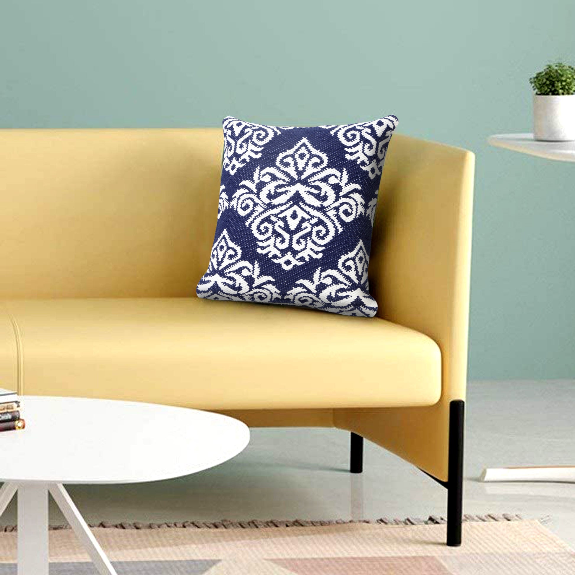 20" X 20" Blue And White 100% Cotton Damask Zippered Pillow-8