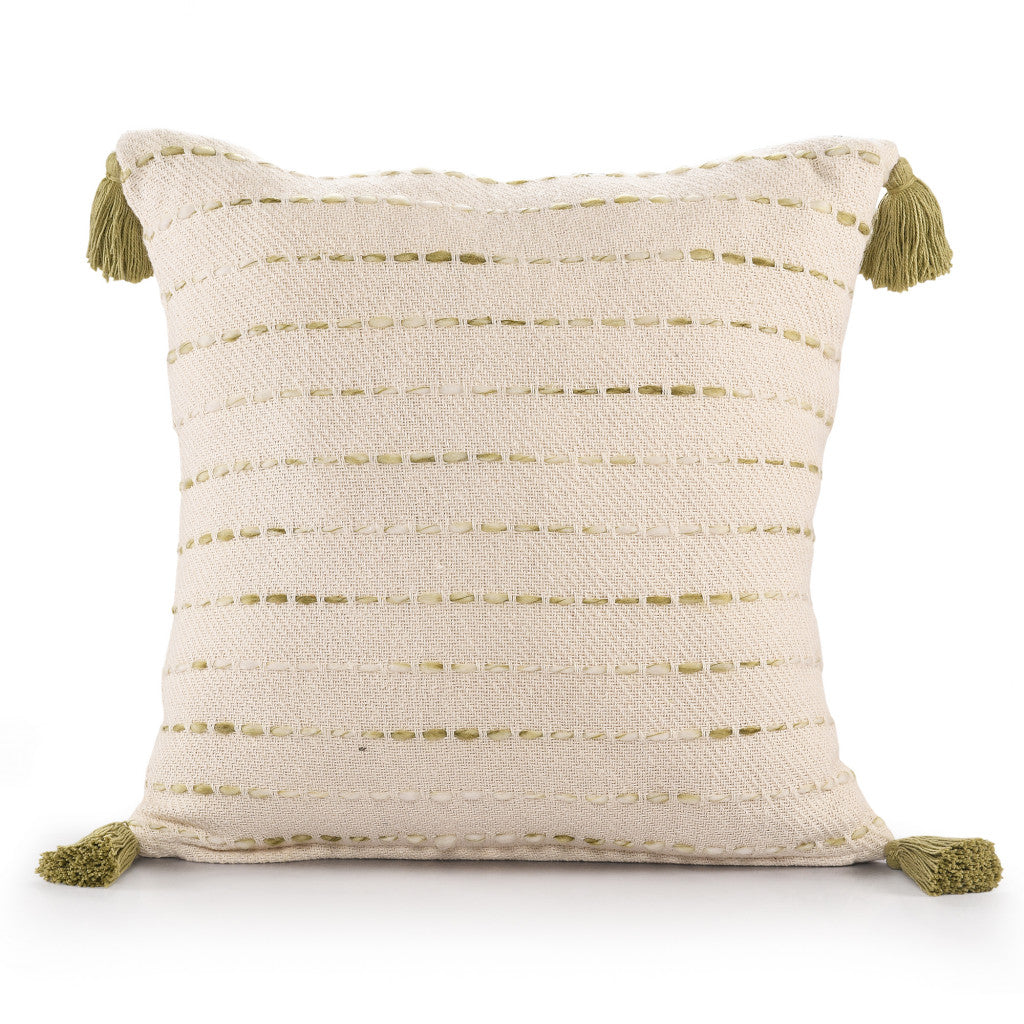 20" Olive Green And Ivory Cotton Striped Throw Pillow with Tassels-1