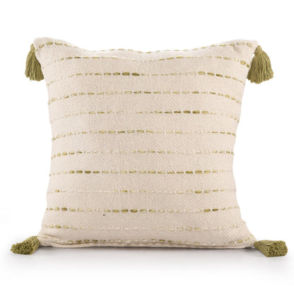 20" Olive Green And Ivory Cotton Striped Throw Pillow with Tassels-1