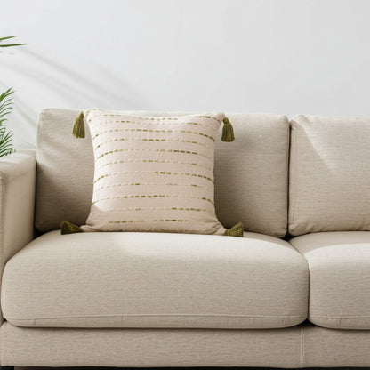 20" Olive Green And Ivory Cotton Striped Throw Pillow with Tassels-0