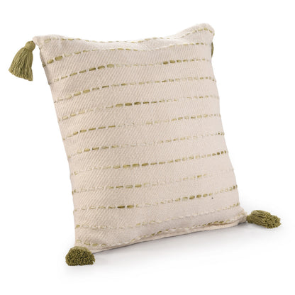 20" Olive Green And Ivory Cotton Striped Throw Pillow with Tassels-2