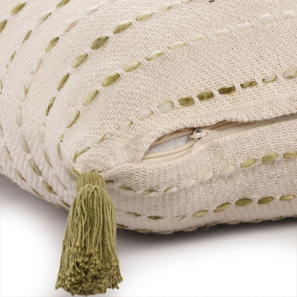 20" Olive Green And Ivory Cotton Striped Throw Pillow with Tassels-6
