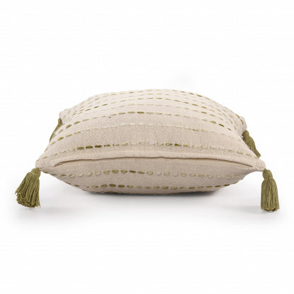 20" Olive Green And Ivory Cotton Striped Throw Pillow with Tassels-3