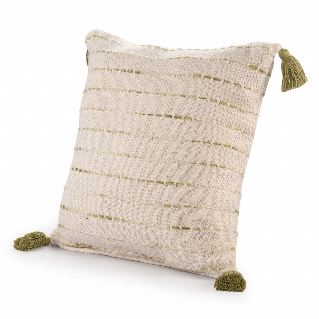 20" Olive Green And Ivory Cotton Striped Throw Pillow with Tassels-5