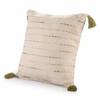 20" Olive Green And Ivory Cotton Striped Throw Pillow with Tassels-5