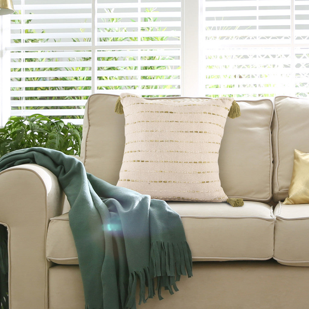 20" Olive Green And Ivory Cotton Striped Throw Pillow with Tassels-7