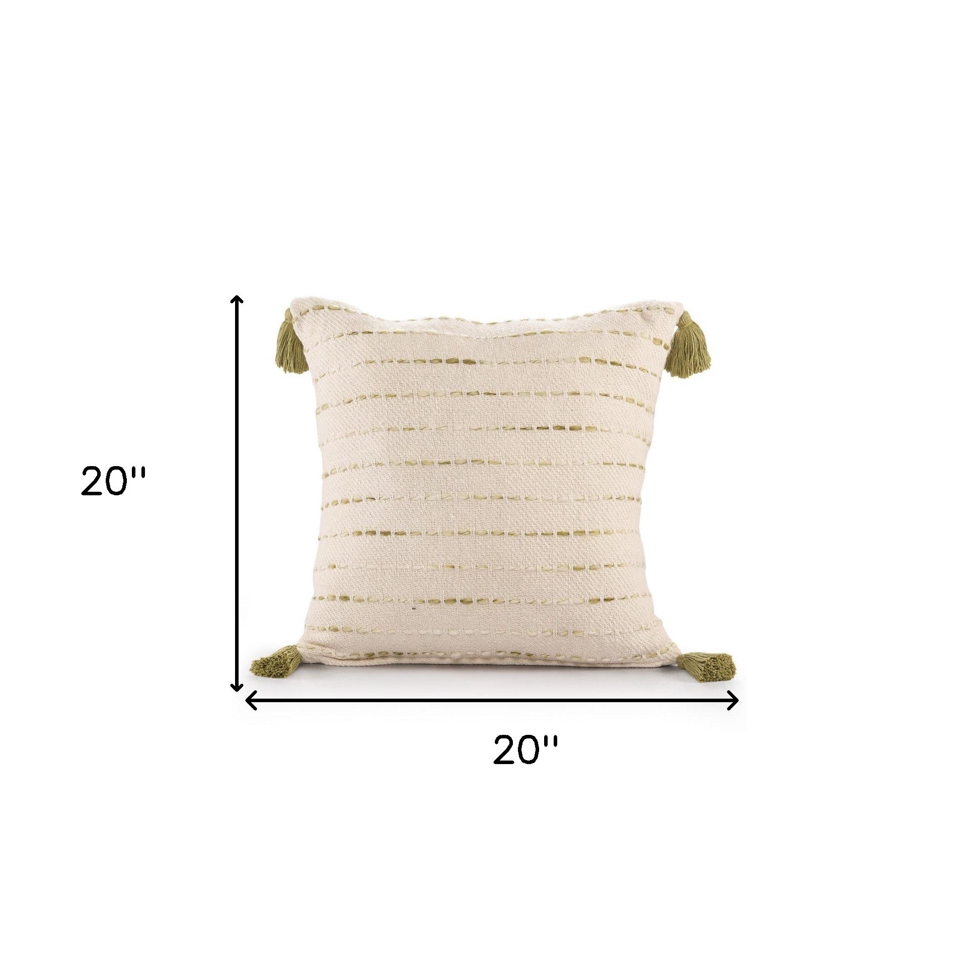 20" Olive Green And Ivory Cotton Striped Throw Pillow with Tassels-8