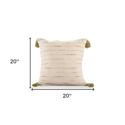 20" Olive Green And Ivory Cotton Striped Throw Pillow with Tassels-8