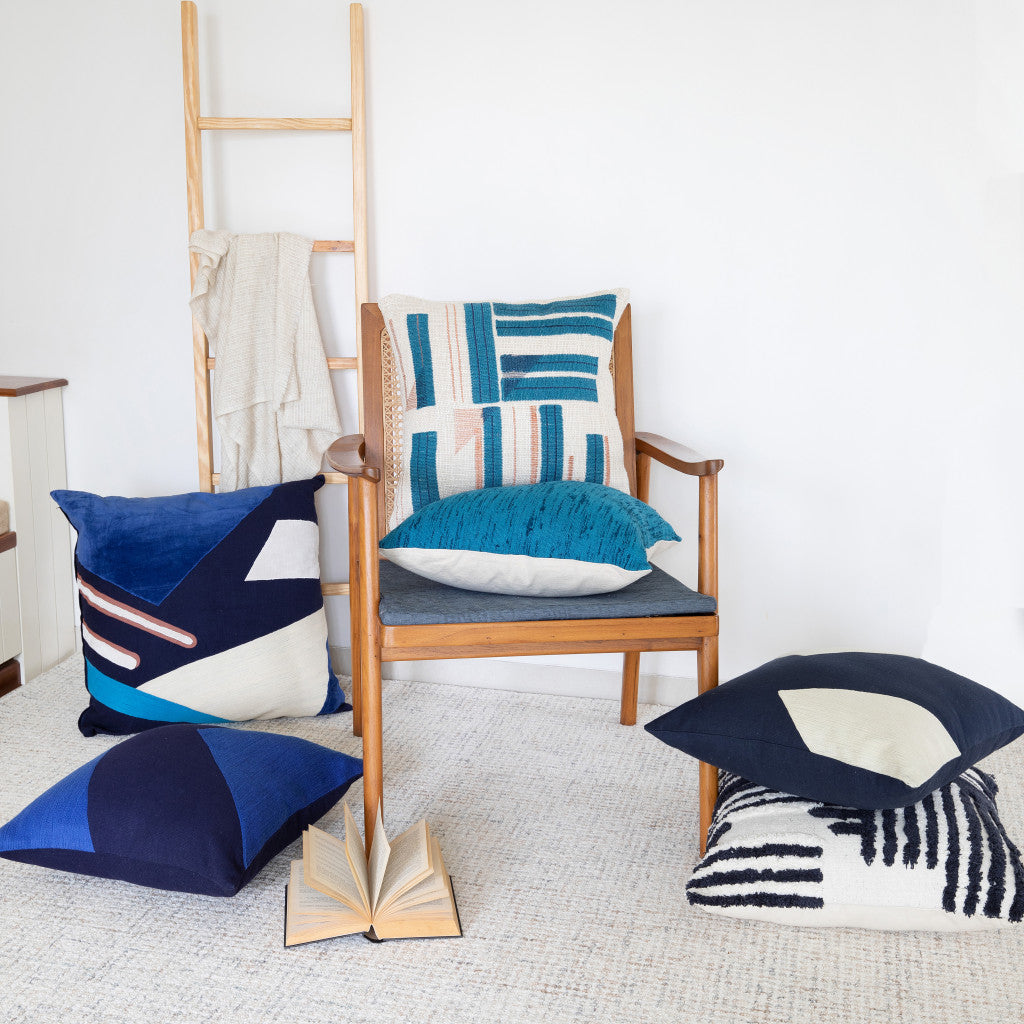 20" X 20" Cobalt Blue And Navy 100% Cotton Abstract Zippered Pillow-8