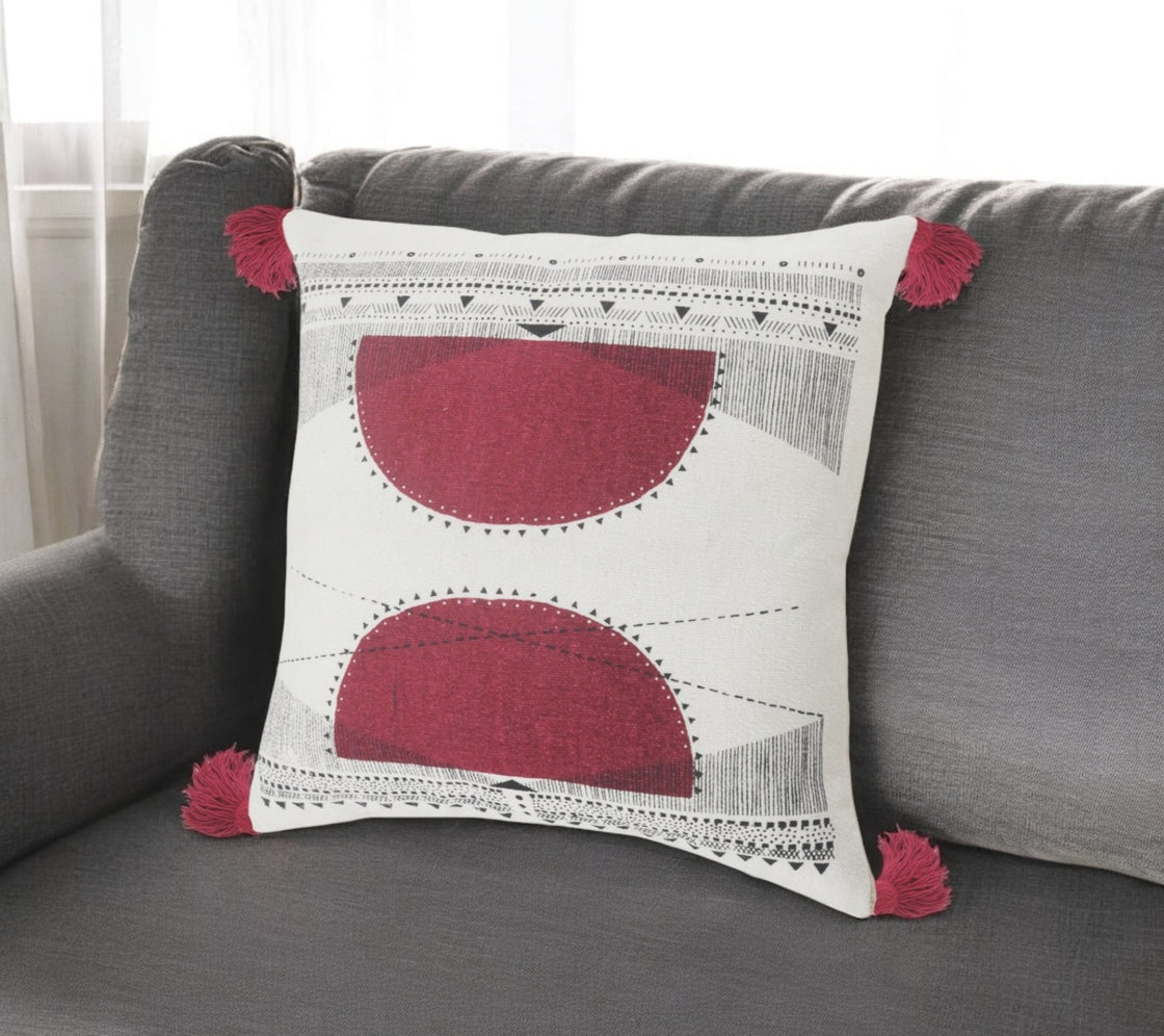 20" Black White And Burgundy Cotton Geometric Throw Pillow with Tassels-0