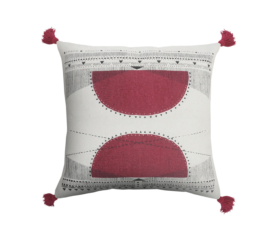 20" Black White And Burgundy Cotton Geometric Throw Pillow with Tassels-2