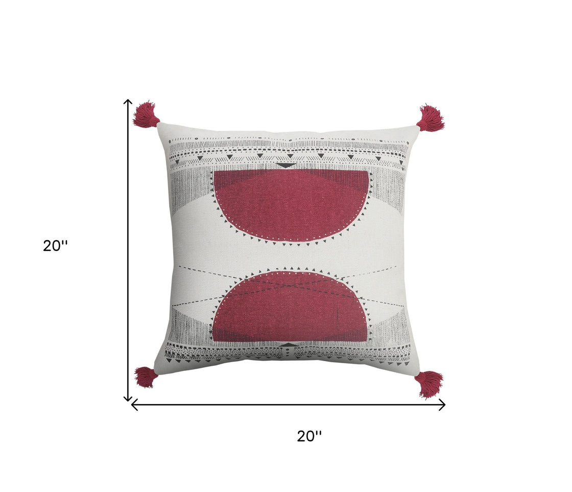 20" Black White And Burgundy Cotton Geometric Throw Pillow with Tassels-7