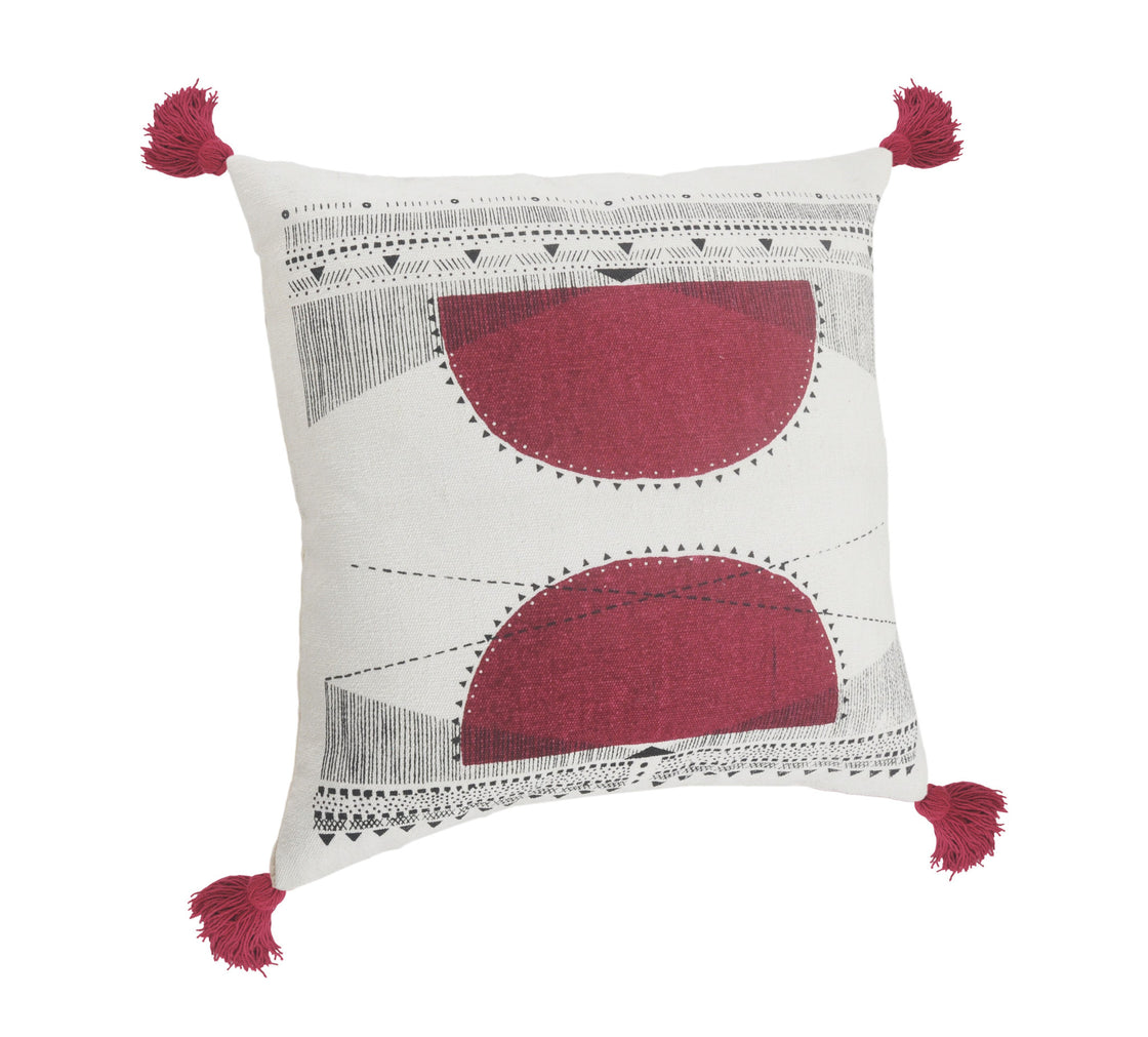 20" Black White And Burgundy Cotton Geometric Throw Pillow with Tassels-1